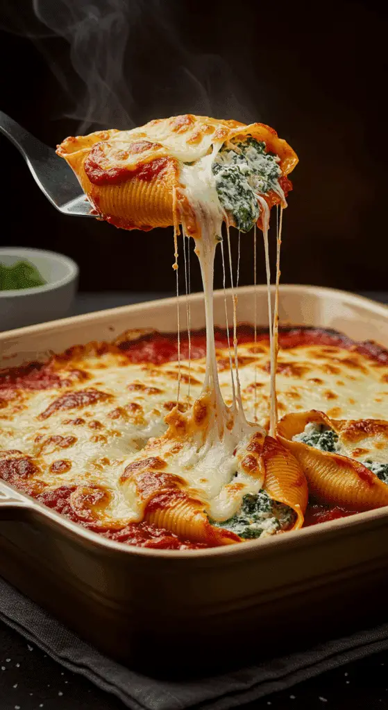 A beautiful, golden-brown homemade Spinach and Ricotta Stuffed Shells casserole in a baking dish with a single, cheesy shell being lifted out.
