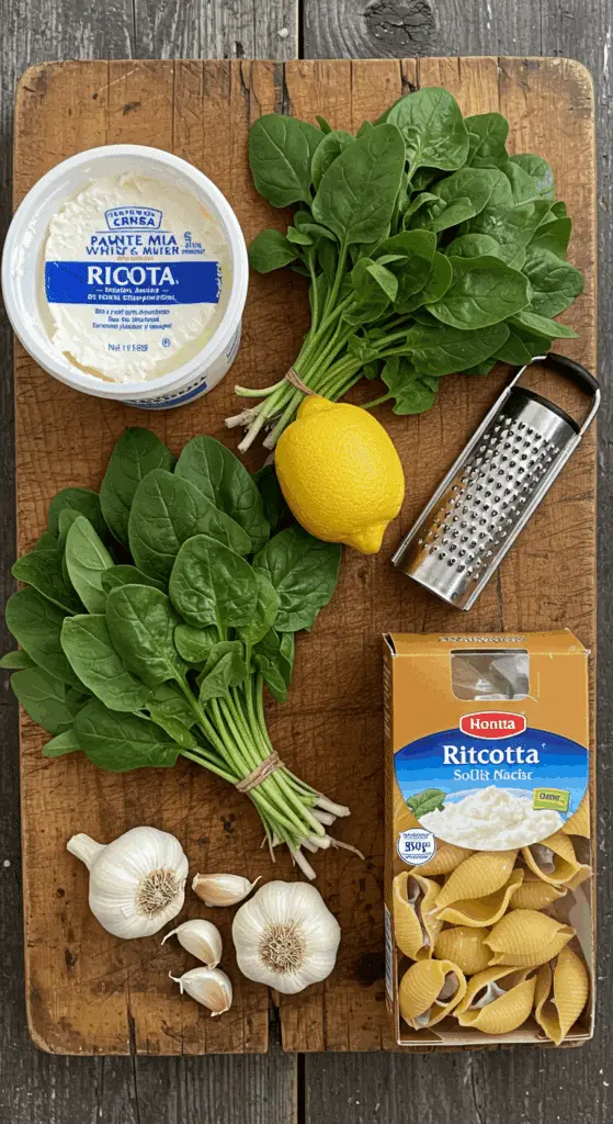 The fresh, from-scratch ingredients for the classic and creamy Spinach and Ricotta Stuffed Shells recipe.