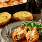 A beautiful plate of homemade, cheesy Spinach and Ricotta Stuffed Shells being served for a family dinner.