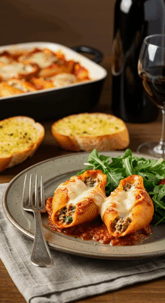 A beautiful plate of homemade, cheesy Spinach and Ricotta Stuffed Shells being served for a family dinner.