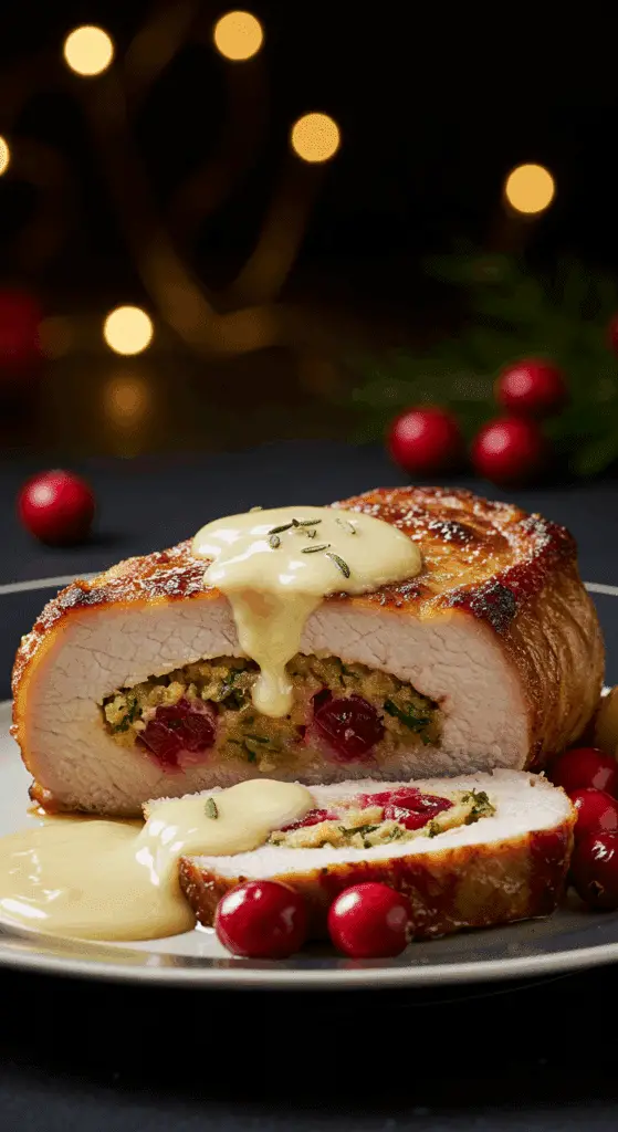 A beautiful, golden-brown, juicy, homemade Cranberry-Stuffed Pork Chop, sliced to show the moist, colorful stuffing and drizzled with a creamy pan sauce.