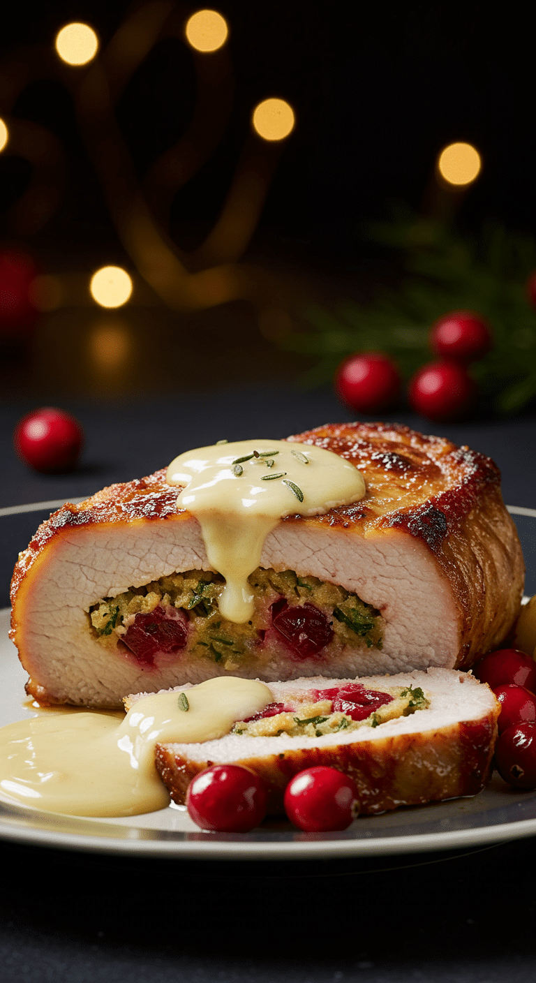 A beautiful, golden-brown, juicy, homemade Cranberry-Stuffed Pork Chop, sliced to show the moist, colorful stuffing and drizzled with a creamy pan sauce.