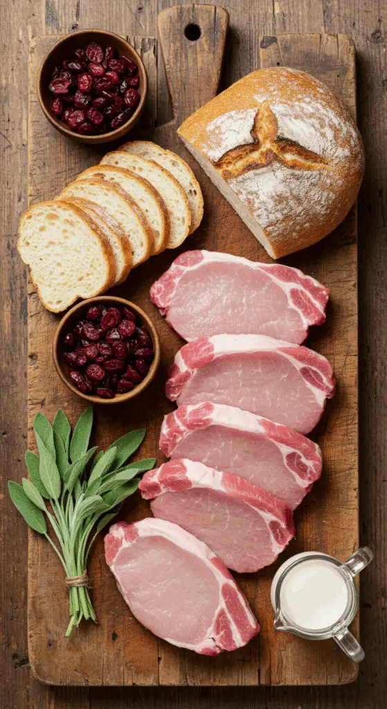 The fresh, from-scratch ingredients for the classic and elegant Cranberry-Stuffed Pork Chops recipe.