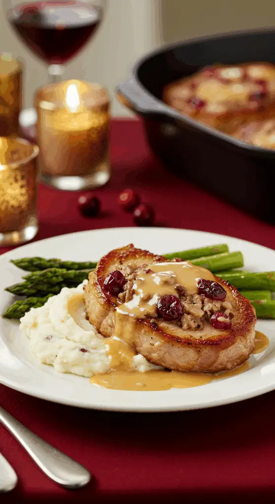 An elegant plate of a homemade, Cranberry-Stuffed Pork Chop with a creamy pan sauce, served with mashed potatoes for a holiday dinner.