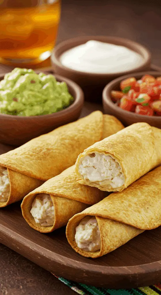 A beautiful, rustic platter of homemade, crispy, golden-brown Baked Chicken Taquitos, with one cut in half to show the creamy, cheesy chicken filling.
