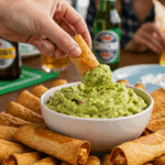 A large platter of homemade, crispy Baked Chicken Taquitos being served at a fun and casual game day party.