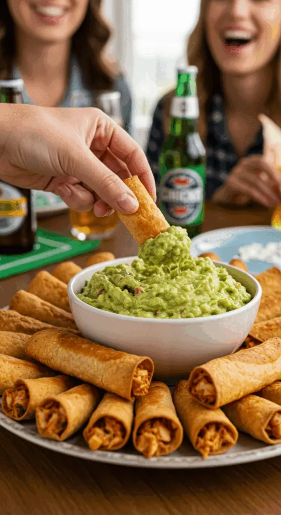 A large platter of homemade, crispy Baked Chicken Taquitos being served at a fun and casual game day party.
