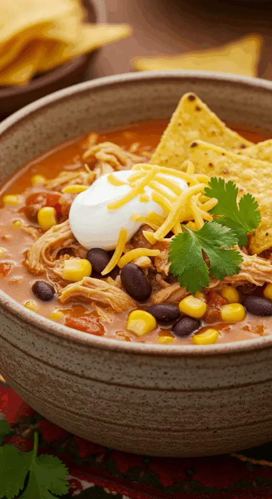 A beautiful, rustic bowl of homemade, creamy, and hearty Chicken Taco Soup, garnished with shredded cheese, cilantro, and crushed tortilla chips.