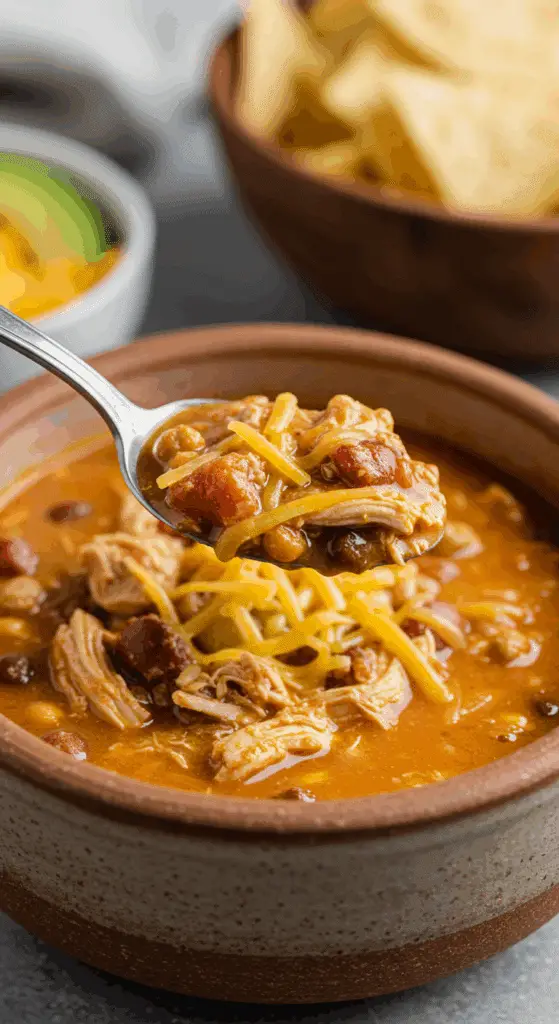 A cozy bowl of homemade, creamy Chicken Taco Soup being served for a casual family dinner.