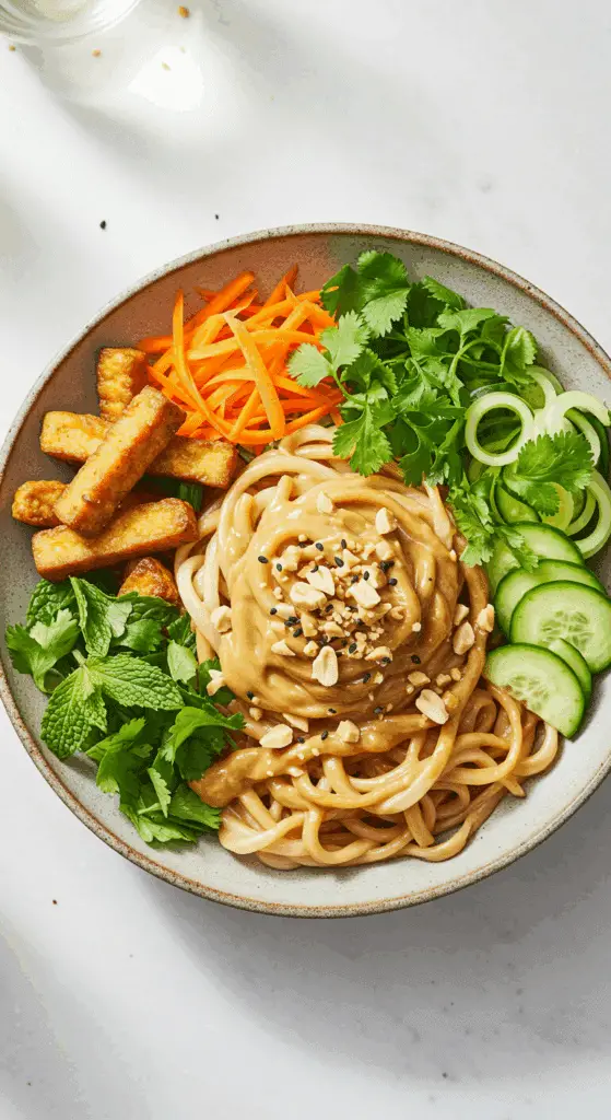 A beautiful, overhead shot of a homemade, healthy, and composed bowl of Peanut Noodles, with all the ingredients arranged in neat, colorful rows.