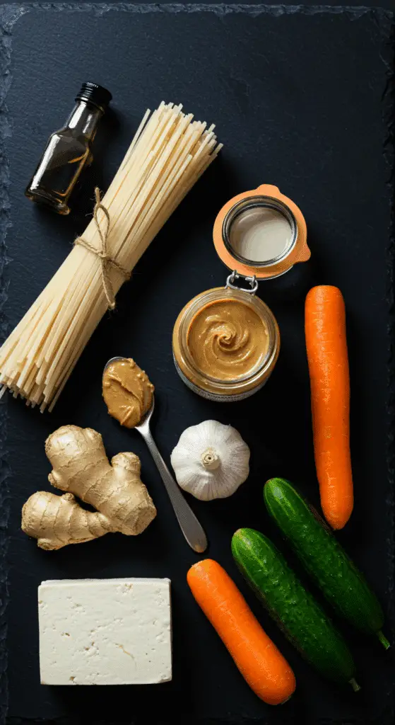 The simple, fresh ingredients for the easy and creamy from-scratch Peanut Noodles recipe.
