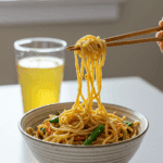 A beautiful bowl of homemade, healthy Peanut Noodles being enjoyed with chopsticks for a vibrant and healthy lunch.