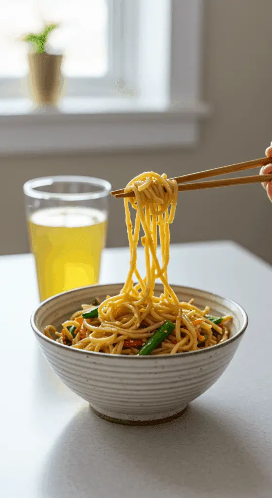 A beautiful bowl of homemade, healthy Peanut Noodles being enjoyed with chopsticks for a vibrant and healthy lunch.