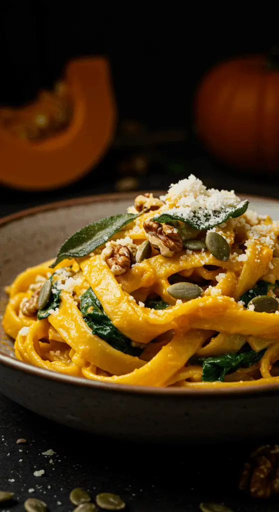 A beautiful, rustic bowl of homemade, creamy Pumpkin Pasta, with a luscious, vibrant orange pumpkin sauce and garnished with crispy sage and walnuts.