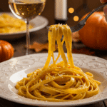 An elegant plate of homemade, creamy Pumpkin Pasta being enjoyed for a sophisticated and cozy, candlelit fall dinner.