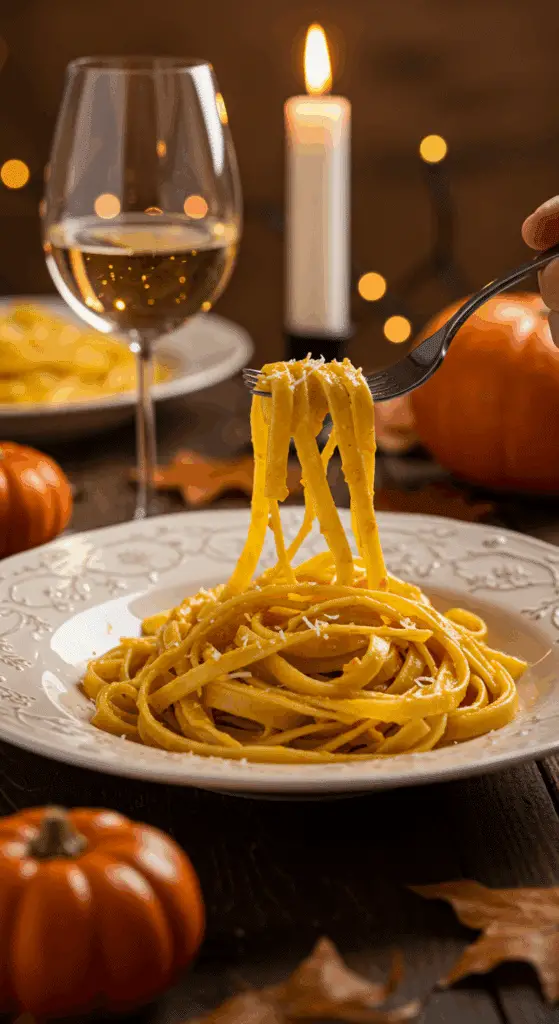 An elegant plate of homemade, creamy Pumpkin Pasta being enjoyed for a sophisticated and cozy, candlelit fall dinner.