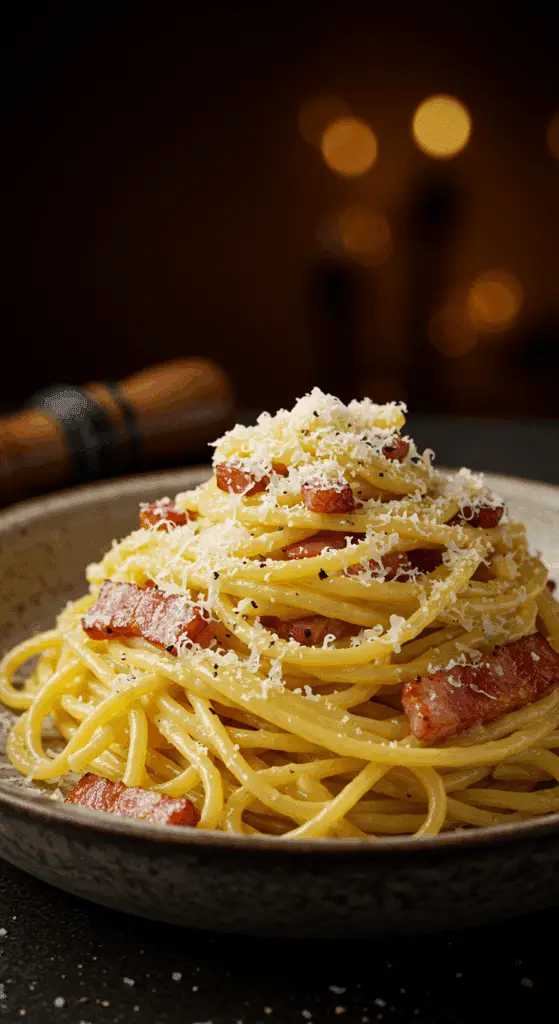 A beautiful, rustic bowl of homemade, authentic, and creamy Spaghetti Carbonara, garnished with grated cheese and black pepper.