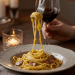 An elegant bowl of homemade, creamy Spaghetti Carbonara being served at a sophisticated dinner party.