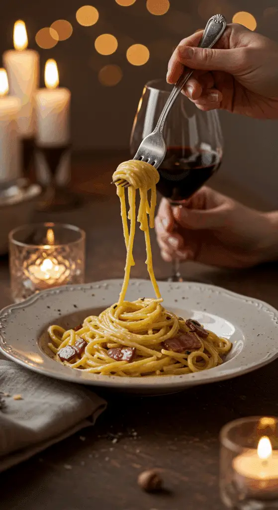 An elegant bowl of homemade, creamy Spaghetti Carbonara being served at a sophisticated dinner party.