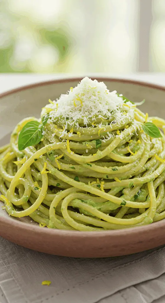 A beautiful, rustic bowl of homemade, creamy Zucchini Pasta, garnished with grated Pecorino cheese and fresh basil.