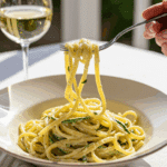 An elegant plate of homemade, creamy Zucchini Pasta being enjoyed for a healthy lunch on a sunny patio.