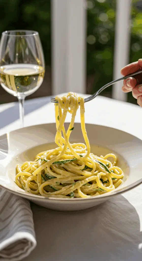 An elegant plate of homemade, creamy Zucchini Pasta being enjoyed for a healthy lunch on a sunny patio.