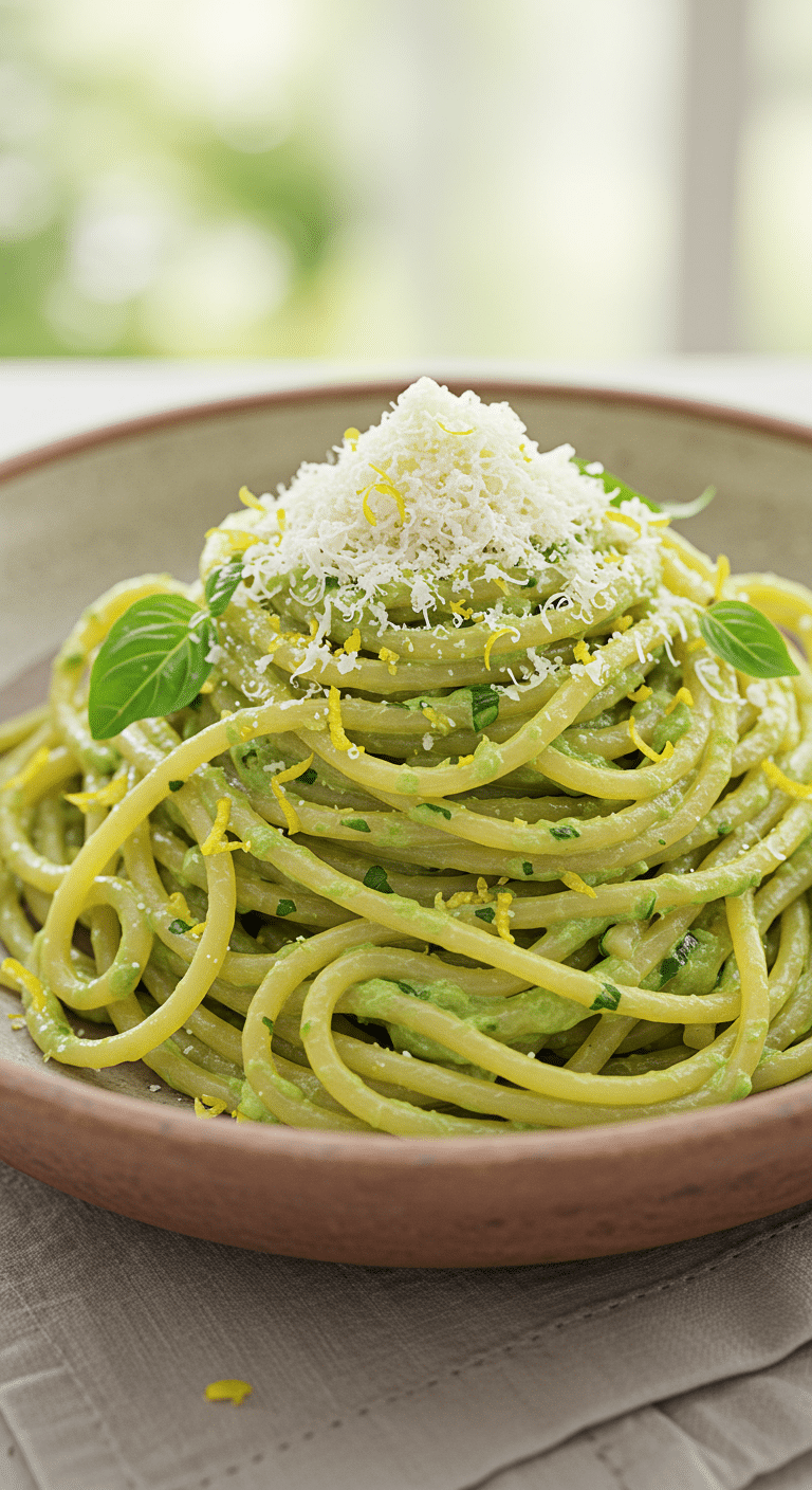 A beautiful, rustic bowl of homemade, creamy Zucchini Pasta, garnished with grated Pecorino cheese and fresh basil.