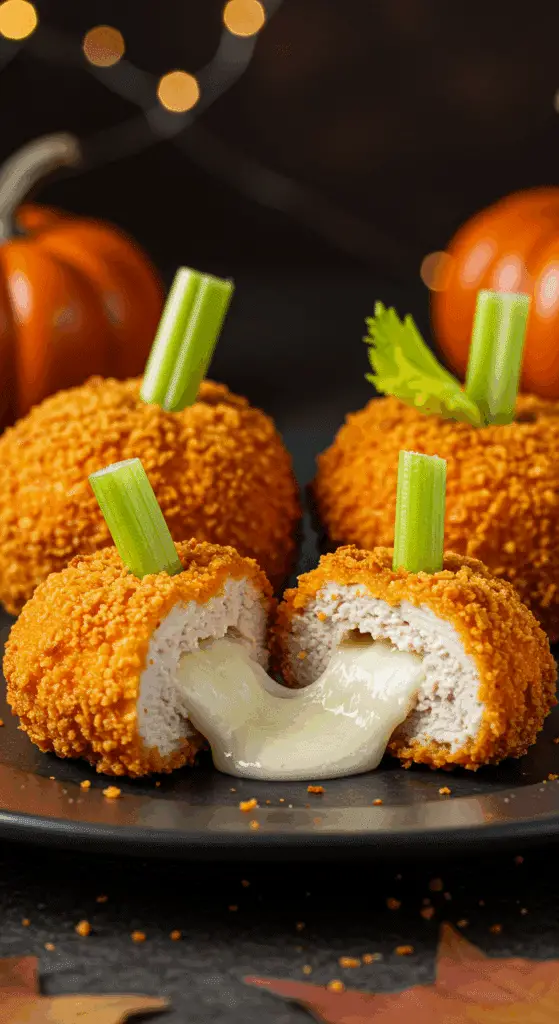 A beautiful, rustic platter of homemade, crispy, and golden-orange "Chicken Pumpkins," with one cut in half to show the juicy chicken and a gooey, melted mozzarella cheese center.