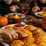 A large platter of homemade, crispy, and cute "Chicken Pumpkins" being served at a fun and casual Halloween party.
