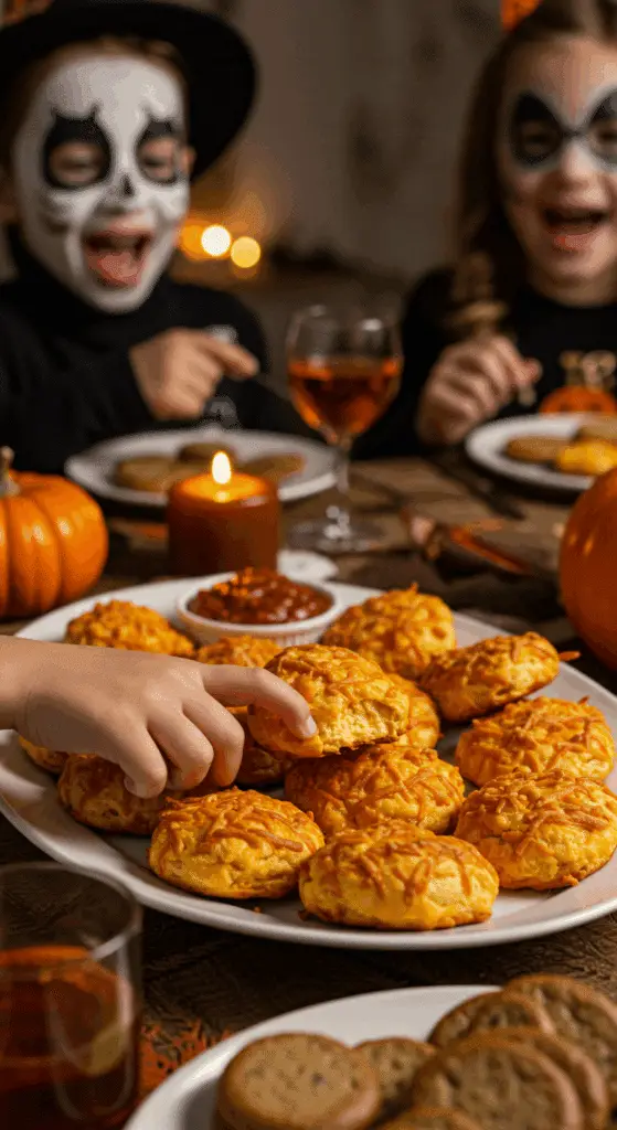 A large platter of homemade, crispy, and cute "Chicken Pumpkins" being served at a fun and casual Halloween party.