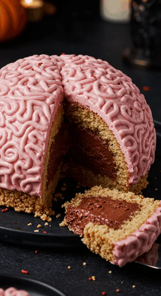 A beautiful, homemade, spooky Stuffed Crispy Rice Cereal Brain, with a slice cut out to show the rich, dark chocolate mousse filling.