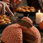 The finished, spooky, and impressive Stuffed Crispy Rice Cereal Brain being sliced for the first time at a fun and sophisticated Halloween party.