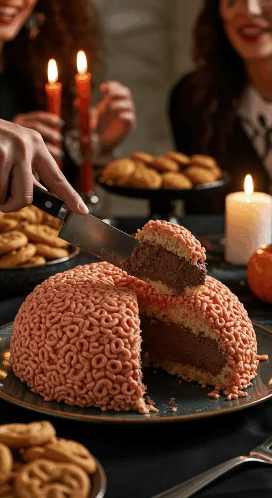 The finished, spooky, and impressive Stuffed Crispy Rice Cereal Brain being sliced for the first time at a fun and sophisticated Halloween party.