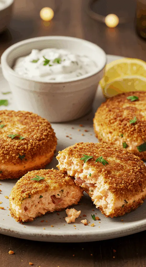 A beautiful, rustic platter of homemade, crispy, golden-brown Salmon Patties, with one broken to show the moist, flaky interior.