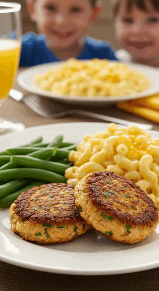 A fun, classic dinner plate with two homemade, crispy Salmon Patties, served with macaroni and cheese and green beans.