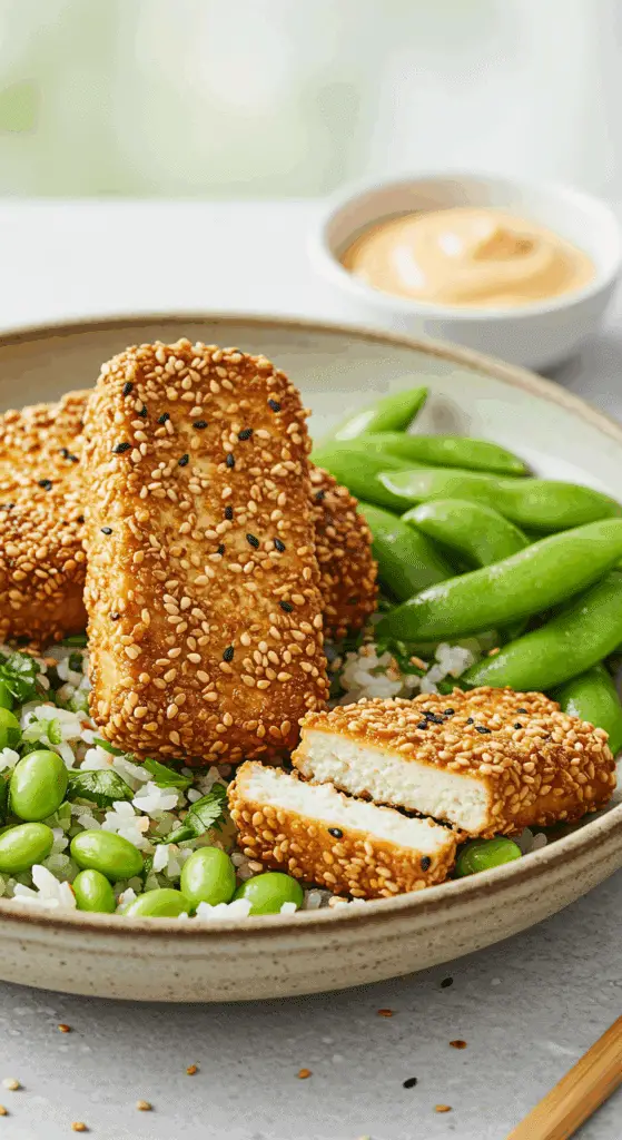 A beautiful, rustic bowl of homemade, crispy, golden-brown Sesame Tofu, served over rice with a creamy sriracha mayo.