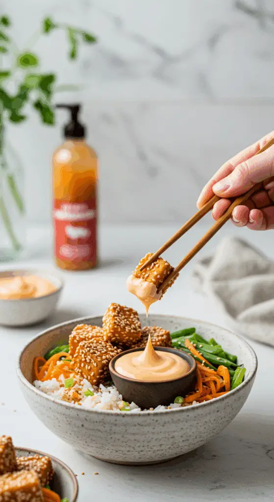 A hand using chopsticks to dip a piece of homemade, crispy sesame tofu into a small bowl of creamy sriracha mayo.