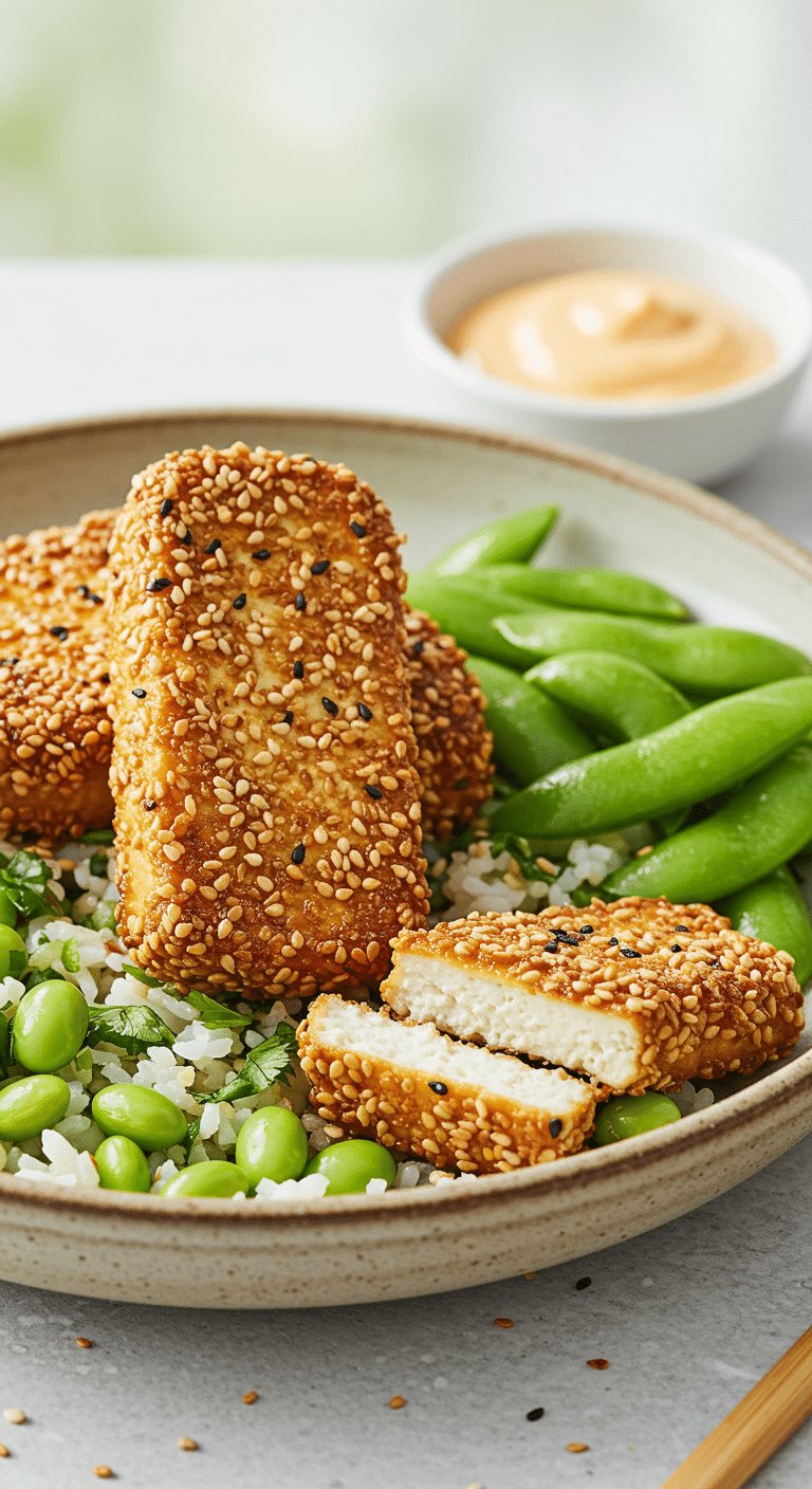 A beautiful, rustic bowl of homemade, crispy, golden-brown Sesame Tofu, served over rice with a creamy sriracha mayo.