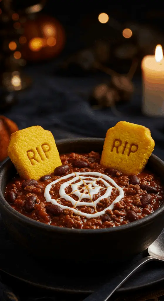 A beautiful, rustic "cauldron" bowl of homemade, spooky Devil's Chili, with cornbread "tombstones" sticking out and a sour cream spiderweb on top.