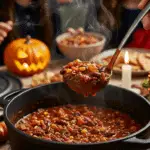 The finished, black Dutch oven "cauldron" of homemade Devil's Chili being served at a fun family Halloween dinner.