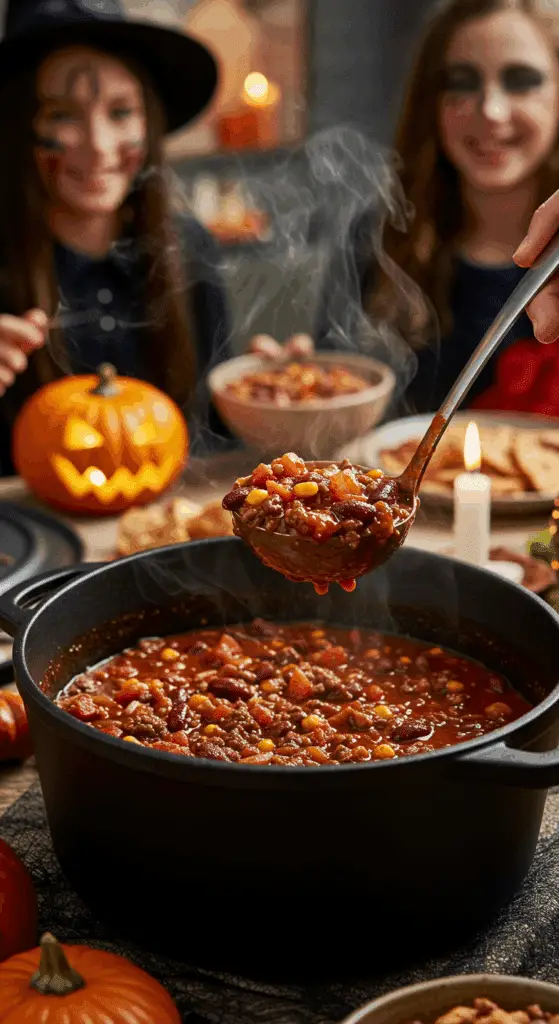 The finished, black Dutch oven "cauldron" of homemade Devil's Chili being served at a fun family Halloween dinner.