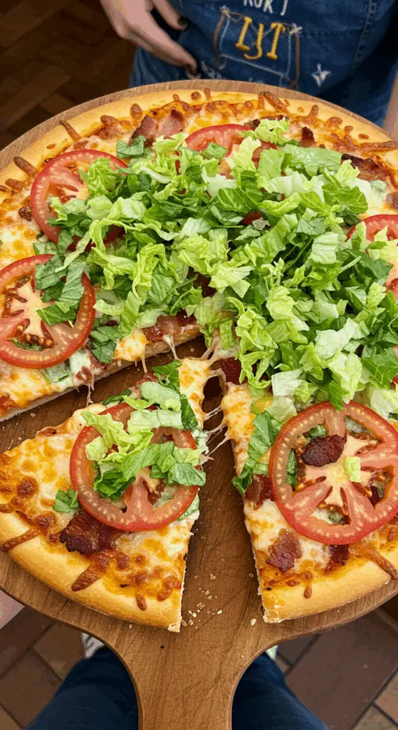A beautiful, overhead shot of a homemade, whole BLT Pizza, topped with a generous pile of fresh lettuce and tomato.