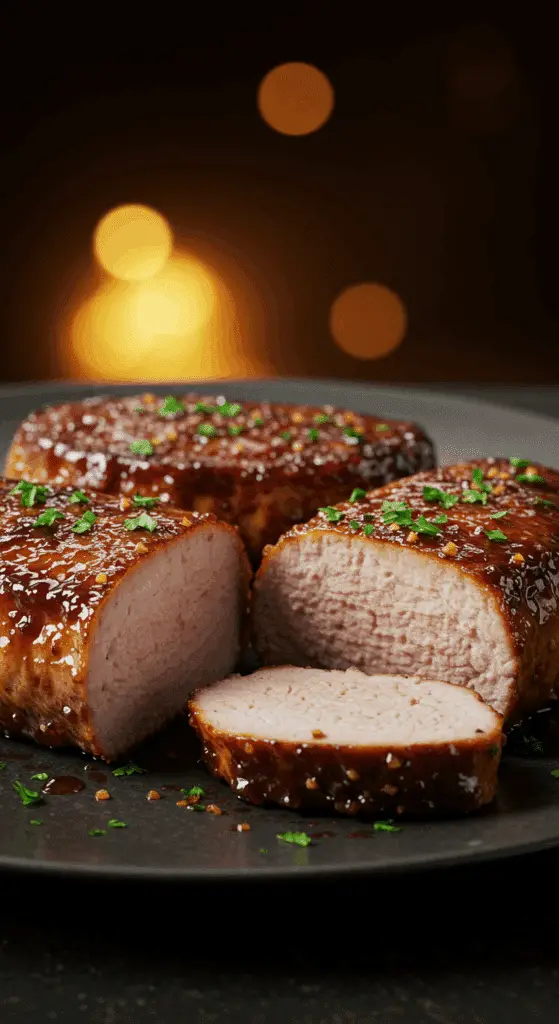 A beautiful, plated serving of homemade, pan-seared Caramelized Pork Tenderloin, with a deep, dark brown, caramelized crust.