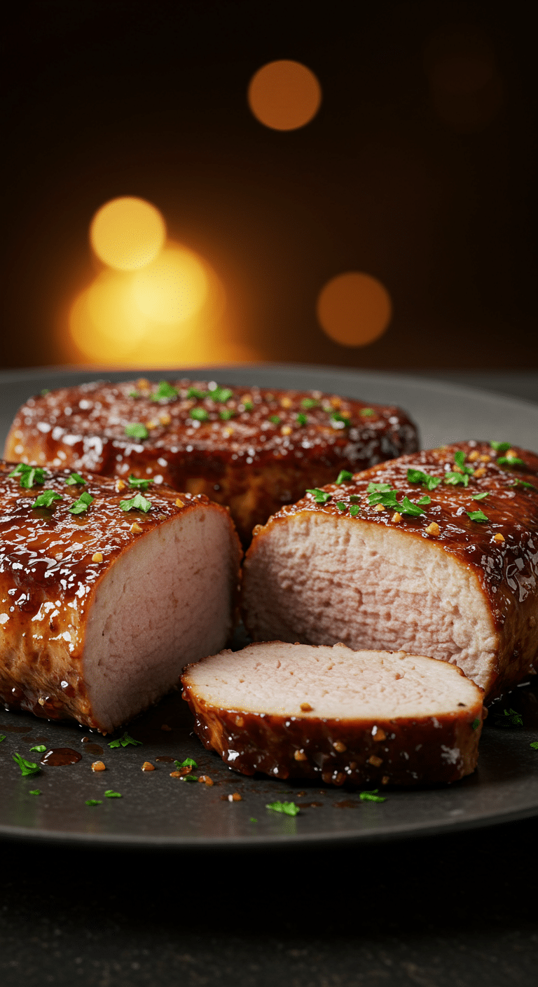 A beautiful, plated serving of homemade, pan-seared Caramelized Pork Tenderloin, with a deep, dark brown, caramelized crust.