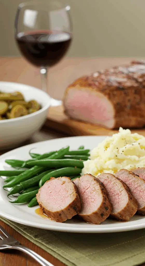 A classic dinner plate with a serving of homemade, Caramelized Pork Tenderloin, served with mashed potatoes and green beans.