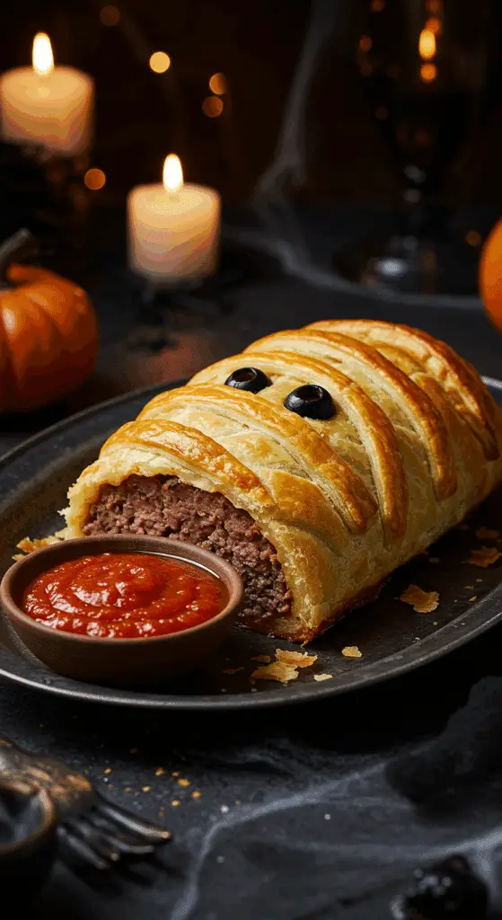 A beautiful, golden-brown homemade Mummy Meatloaf, with flaky puff pastry bandages and black olive eyes, served as a spooky Halloween dinner.
