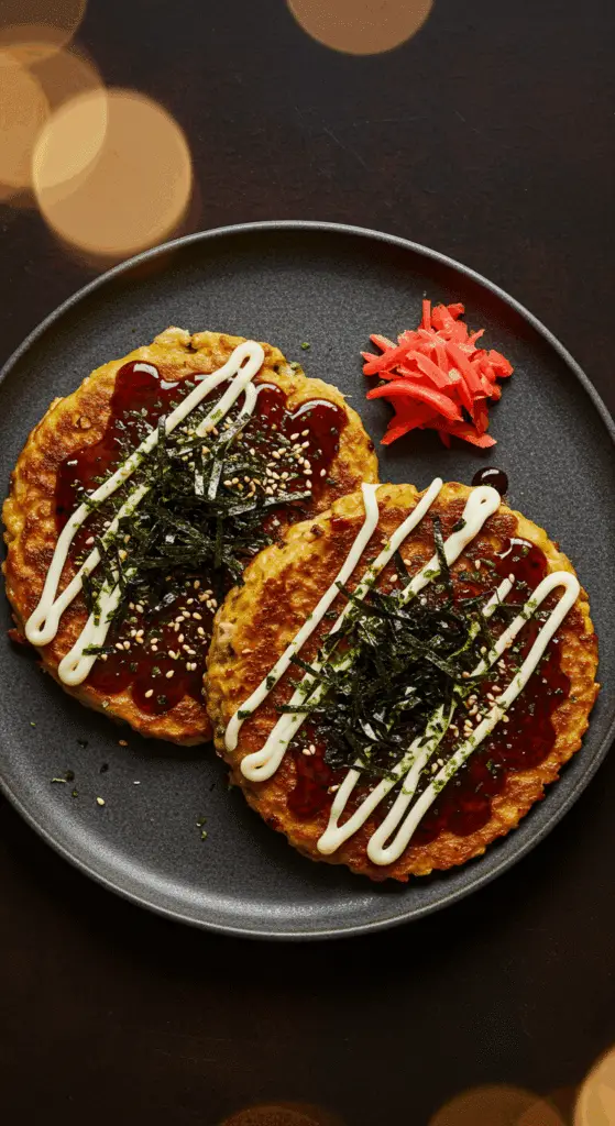 A beautiful, rustic platter of two homemade, golden-brown, vegetarian Okonomiyaki (Japanese Savory Pancakes), artfully drizzled with sauces and toppings.