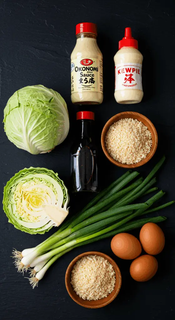 The simple, from-scratch ingredients for the classic and easy vegetarian Okonomiyaki recipe.