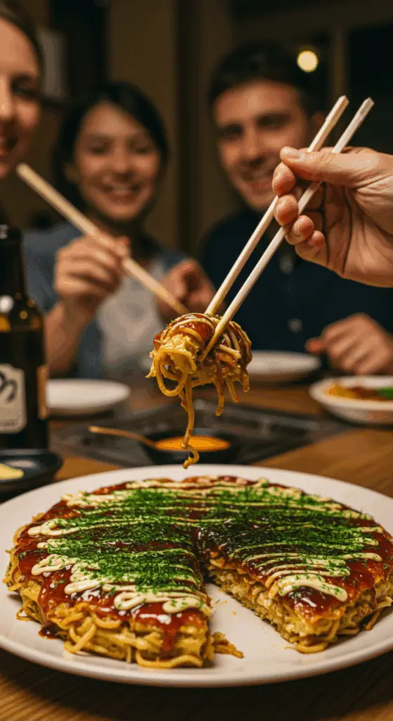 A beautiful plate of homemade, authentic Okonomiyaki being enjoyed with chopsticks at a fun and casual dinner.