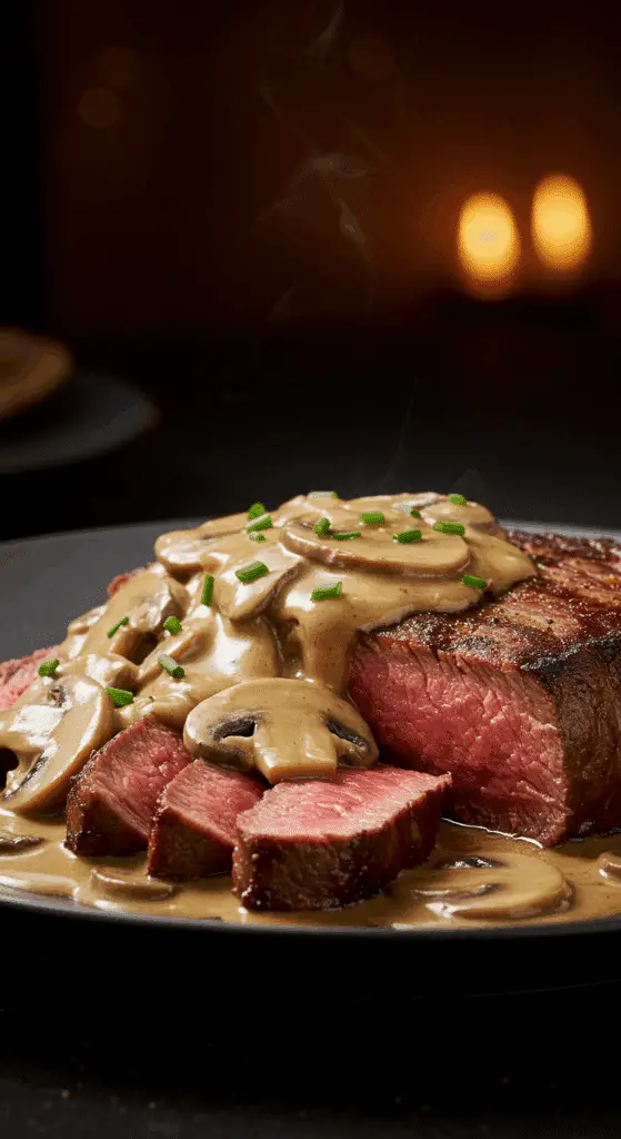A beautiful, plated serving of homemade, restaurant-style Steak Diane, with a juicy, sliced filet mignon smothered in a creamy mushroom sauce.